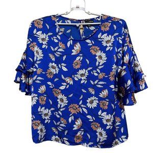 Liz Claiborne Blouse Top XL Blue Floral Print Flutter Sleeve
